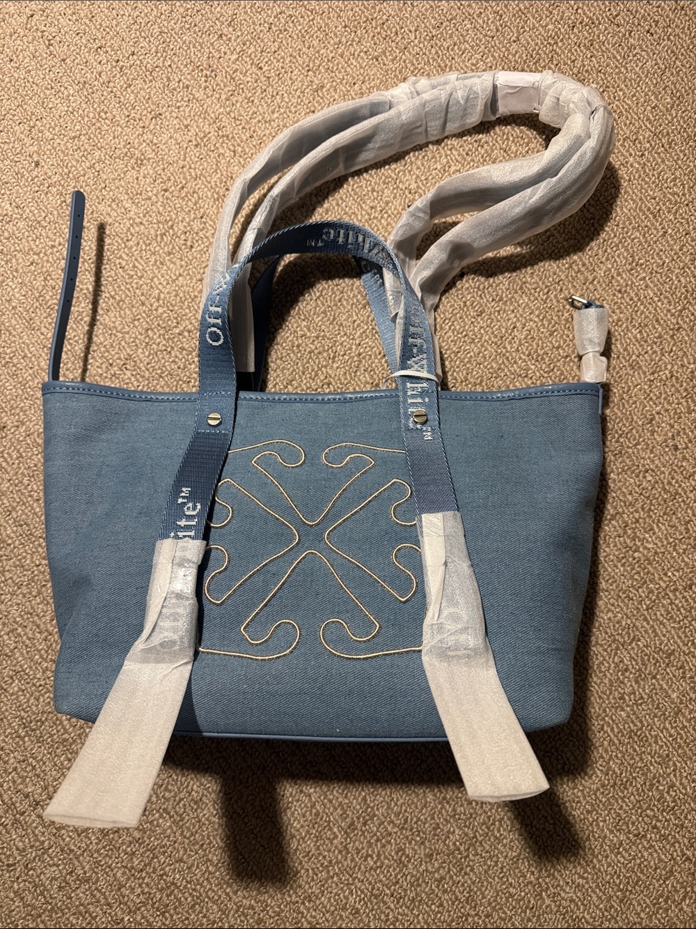 Off-White Blue Canvas Tote with Signature Stitch Motif